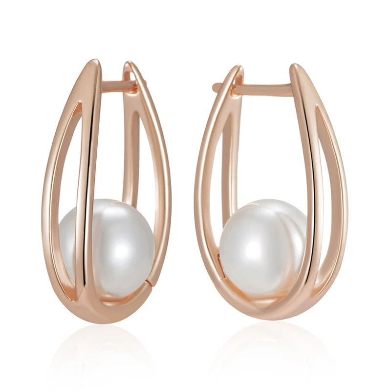 Kinel Hot Fashion Glossy Pearl Dangle Earrings for Women Luxury 585 Rose Gold Color Geometric High Quality Daily Fine Jewelry