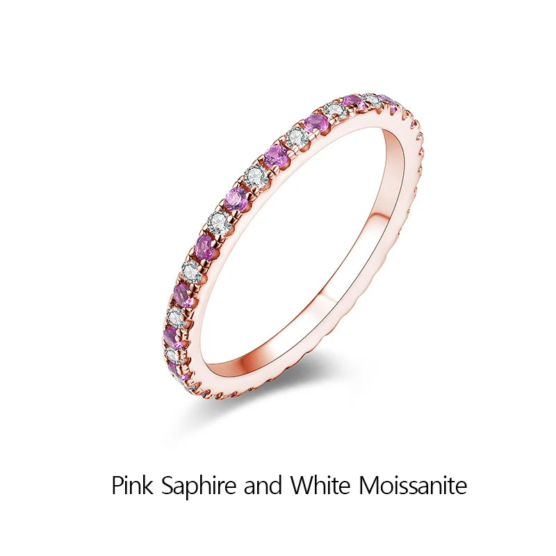 ATTAGEMS 2023 Round Moissanite Ring Real S925 Silver Stackable Rings for Women Pink and Blue Saphire Wedding Band Fine Jewelry