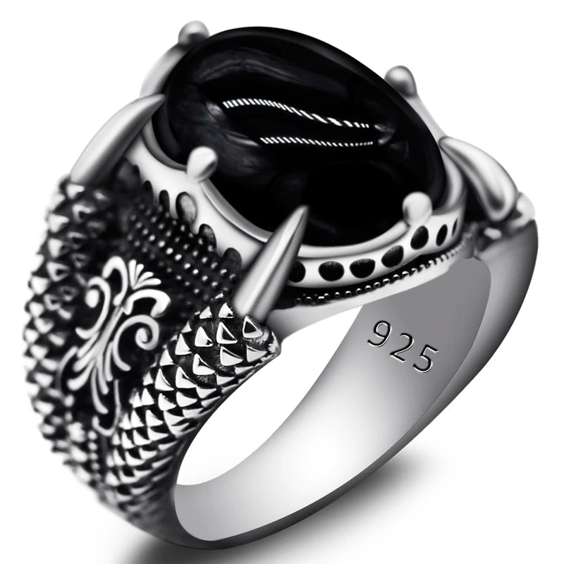 Real 925 Silver Ring Cool Antique Claw Ring Men's Natural Stone Oval Black Agate Retro Hip Hop Jewelry Punk Jewelry DropShipping