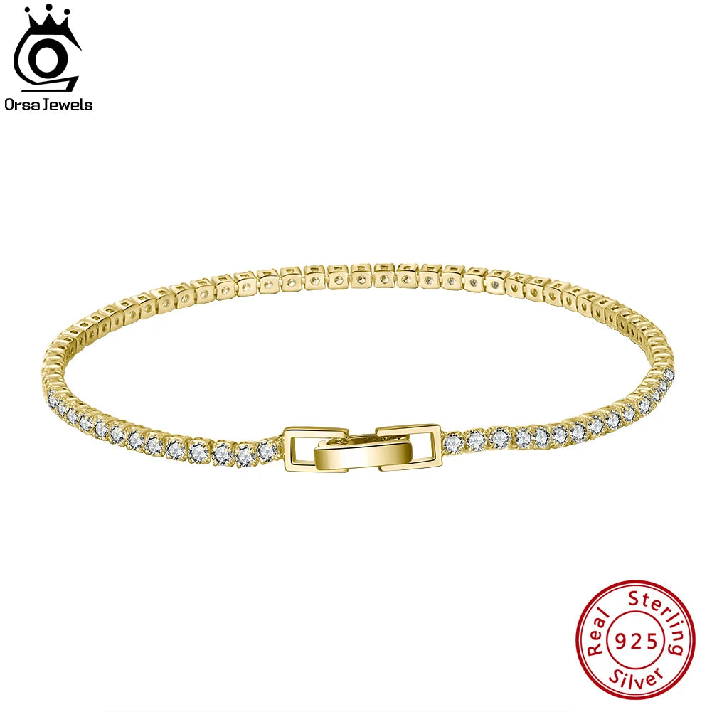 ORSA JEWELS 2 3 4MM Zirconia Tennis Chain Bracelet 925 Sterling Silver 14K Gold Plated Men Women Bangle Jewelry Gift SB91-14K