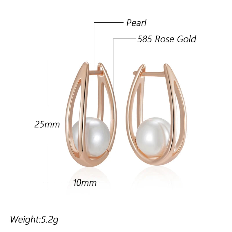 Kinel Hot Fashion Glossy Pearl Dangle Earrings for Women Luxury 585 Rose Gold Color Geometric High Quality Daily Fine Jewelry