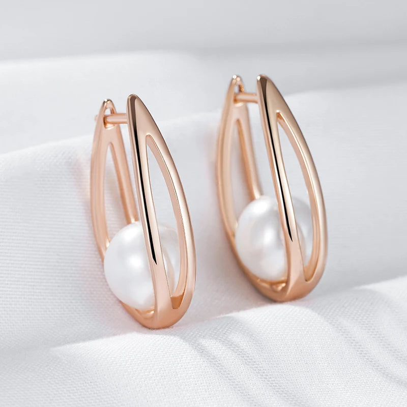 Kinel Hot Fashion Glossy Pearl Dangle Earrings for Women Luxury 585 Rose Gold Color Geometric High Quality Daily Fine Jewelry