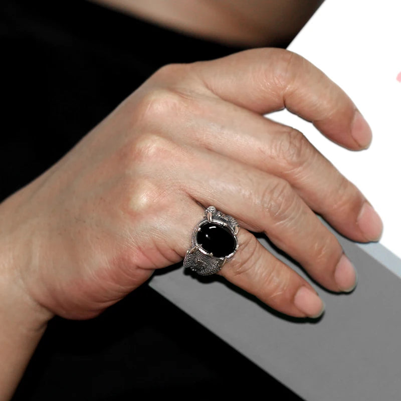Real 925 Silver Ring Cool Antique Claw Ring Men's Natural Stone Oval Black Agate Retro Hip Hop Jewelry Punk Jewelry DropShipping