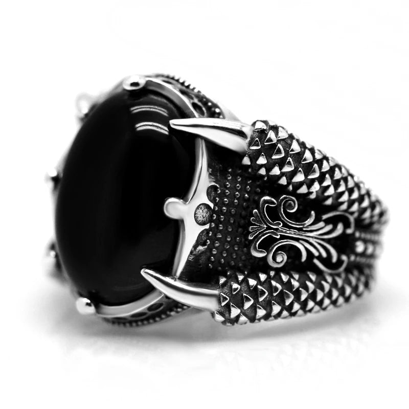 Real 925 Silver Ring Cool Antique Claw Ring Men's Natural Stone Oval Black Agate Retro Hip Hop Jewelry Punk Jewelry DropShipping
