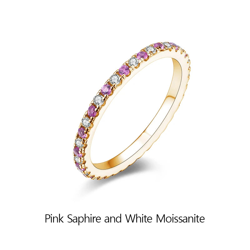 ATTAGEMS 2023 Round Moissanite Ring Real S925 Silver Stackable Rings for Women Pink and Blue Saphire Wedding Band Fine Jewelry