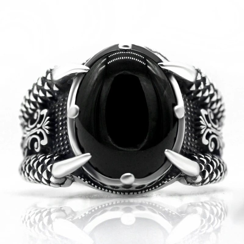 Real 925 Silver Ring Cool Antique Claw Ring Men's Natural Stone Oval Black Agate Retro Hip Hop Jewelry Punk Jewelry DropShipping