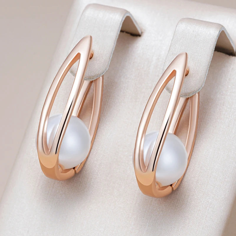 Kinel Hot Fashion Glossy Pearl Dangle Earrings for Women Luxury 585 Rose Gold Color Geometric High Quality Daily Fine Jewelry