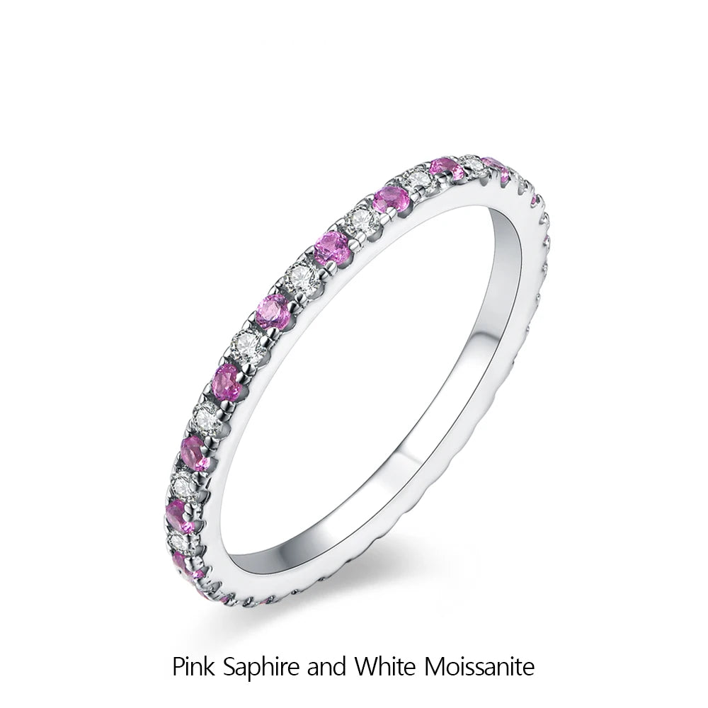 ATTAGEMS 2023 Round Moissanite Ring Real S925 Silver Stackable Rings for Women Pink and Blue Saphire Wedding Band Fine Jewelry