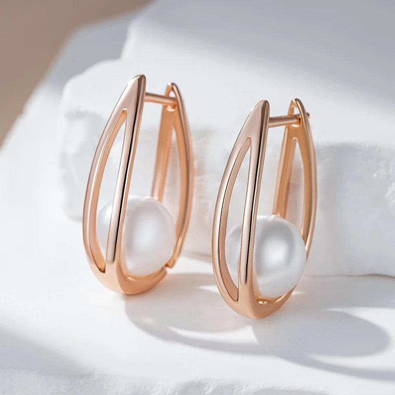 Kinel Hot Fashion Glossy Pearl Dangle Earrings for Women Luxury 585 Rose Gold Color Geometric High Quality Daily Fine Jewelry