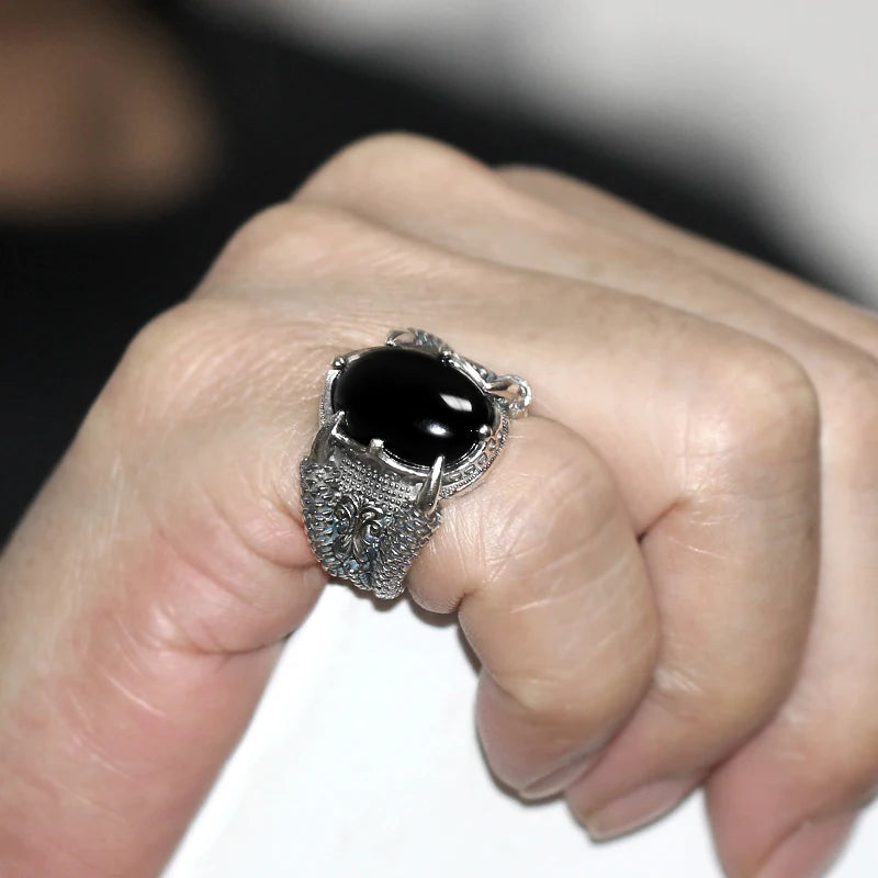 Real 925 Silver Ring Cool Antique Claw Ring Men's Natural Stone Oval Black Agate Retro Hip Hop Jewelry Punk Jewelry DropShipping