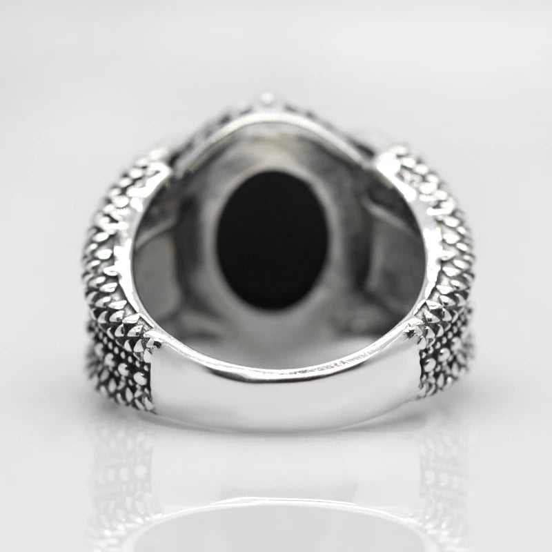 Real 925 Silver Ring Cool Antique Claw Ring Men's Natural Stone Oval Black Agate Retro Hip Hop Jewelry Punk Jewelry DropShipping