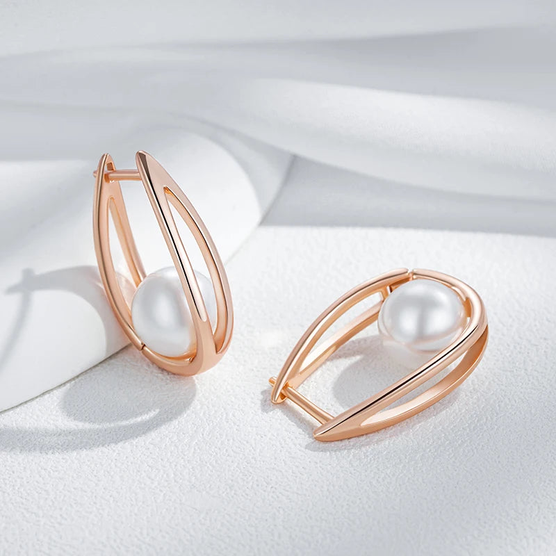Kinel Hot Fashion Glossy Pearl Dangle Earrings for Women Luxury 585 Rose Gold Color Geometric High Quality Daily Fine Jewelry