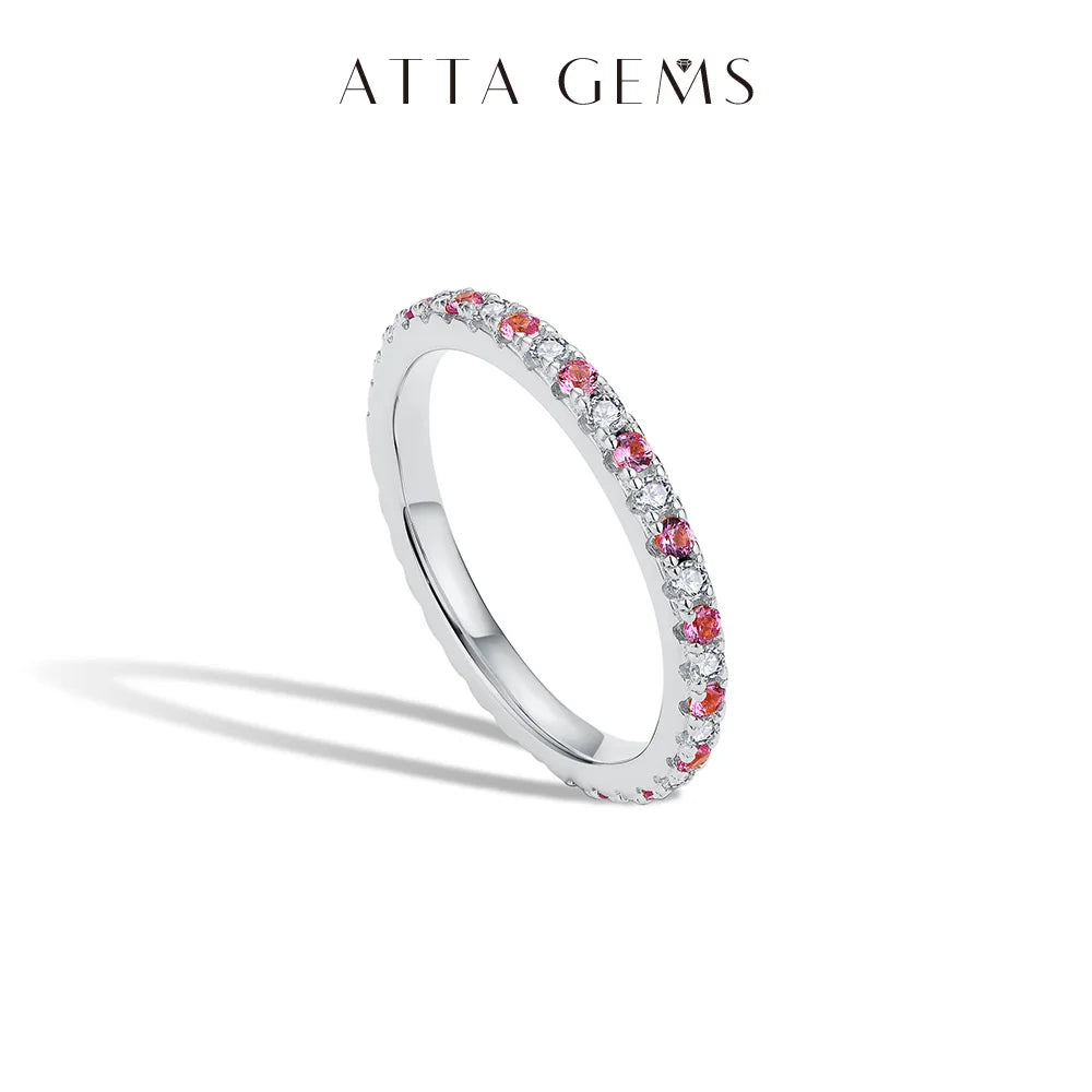 ATTAGEMS 2023 Round Moissanite Ring Real S925 Silver Stackable Rings for Women Pink and Blue Saphire Wedding Band Fine Jewelry